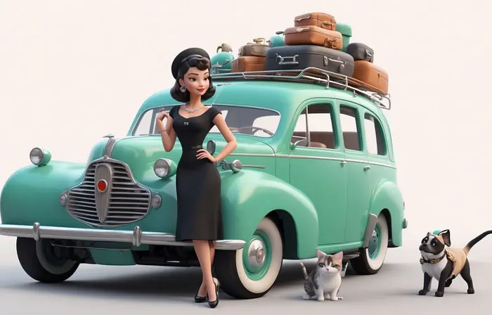 Lady with Dog Parked Car Detailed 3D Design Art Illustration